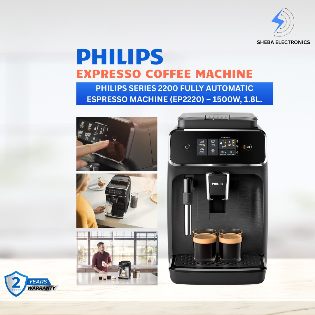 Philips Fully Automatic Espresso Machine EP2220 Series 2200   1500W, 1.8L, Classic Milk Frother, Touch Display, 2 Beverages