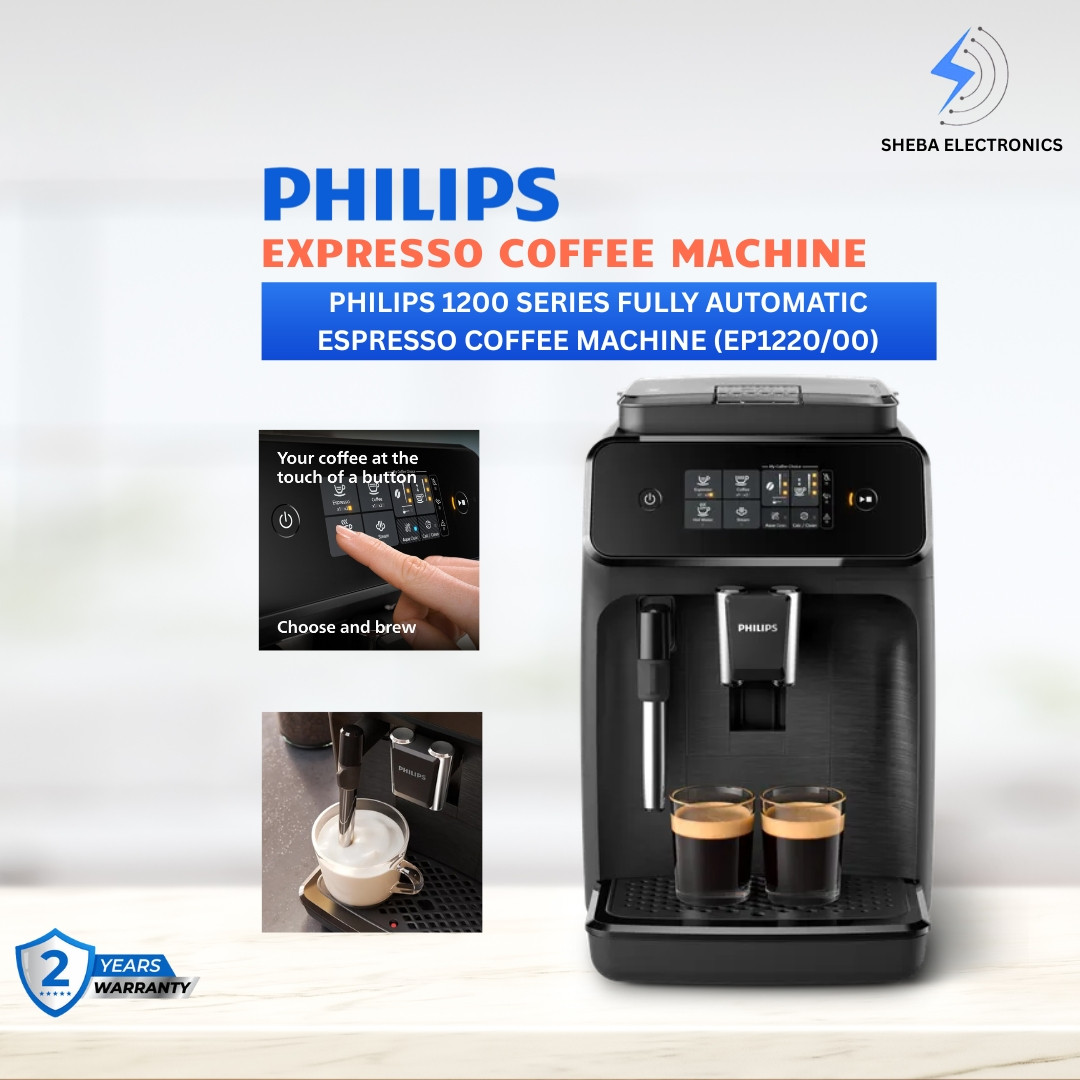 Philips 1200 Series Fully Automatic Espresso Machine (EP1220/00) – Classic Milk Frother, 2 Coffee Varieties, Intuitive Touch Display