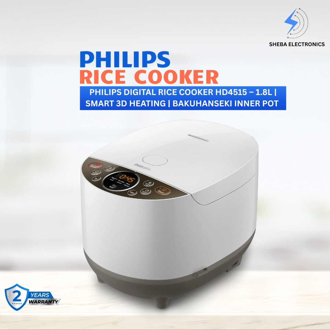 Philips Digital Rice Cooker HD4515 – 1.8L | Smart 3D Heating | Bakuhanseki Inner Pot | 8 Cooking Menus